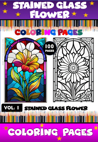 Stained glass flower coloring pages featuring vibrant designs from a cozy coloring book with 100 pages, available at artcoloringpage.com.