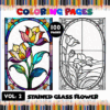 Stained glass flower coloring pages from a cozy coloring book, featuring vibrant designs for artcoloringpage.com.
