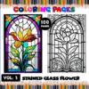 Coloring page showcasing a stained glass flower design, featuring vibrant colors and intricate patterns, promoting artcoloringpage.com.