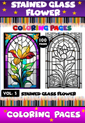 Coloring page showcasing a stained glass flower design, featuring vibrant colors and intricate patterns, promoting artcoloringpage.com.