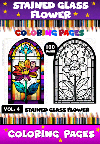 Stained glass flower coloring pages featuring detailed designs, ideal for a cozy coloring book experience at artcoloringpage.com.