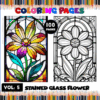 Stained glass flower coloring pages from a cozy coloring book featuring vibrant designs, available at artcoloringpage.com.
