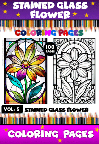 Stained glass flower coloring pages from a cozy coloring book featuring vibrant designs, available at artcoloringpage.com.