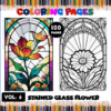 Stained glass flower coloring pages featuring intricate designs, ideal for a cozy coloring book experience from artcoloringpage.com.