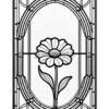 Black and white line drawing of a large flower with petals and leaves, set within an arched window frame design.