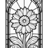 A detailed stained glass illustration of a large flower with petals and leaves, framed in an arched window design.