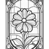 A stained glass design featuring a large flower with broad petals and leaves, outlined in black on a white background.