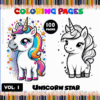 Two cute unicorns are featured on this coloring page, showcasing colorful manes and whimsical stars, with 