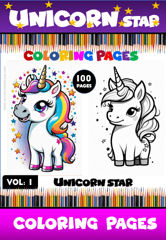 Two cute unicorns are featured on this coloring page, showcasing colorful manes and whimsical stars, with "Unicorn Star Coloring Pages" text above.