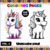 Two unicorn illustrations for coloring pages, featured in a coloring book titled 