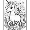 A unicorn with a flowing mane and horn, surrounded by stars and flowers on a coloring page.