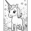 A cute unicorn standing among flowers and stars, designed for coloring.