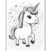 A cute cartoon unicorn standing with a whimsical expression, surrounded by stars and sparkles in a coloring page style.