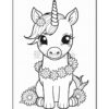 A cute unicorn with a rainbow mane and a flower crown sits among daisies, outlined for coloring.