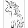A cute cartoon unicorn with a colorful mane adorned with flowers, designed as a coloring page.