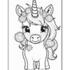 A cute unicorn with colorful flowers in its mane and a spiraled horn, designed for coloring.