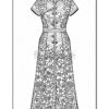 A detailed line drawing of a floral-patterned dress, featuring a mandarin collar and buttons, designed for coloring.