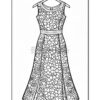 A detailed coloring page featuring a floral-patterned dress with a classic neckline and a fitted waist, hanging on a hook.