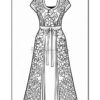 A detailed black and white illustration of a long floral dress with a tie belt, designed for coloring.