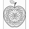 A black and white coloring page featuring a detailed mandala design shaped like an apple, with floral patterns and a leaf on top.