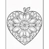 A heart-shaped coloring page featuring intricate floral designs and patterns.
