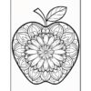 A black and white coloring page featuring a highly detailed apple design with floral patterns inside.