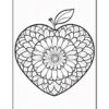 A detailed black and white illustration of a heart-shaped floral design with various patterns and a leaf at the top.