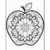A large, intricate black and white apple coloring page featuring a detailed floral mandala design in the center.