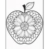 A detailed black and white illustration of an apple filled with intricate flower patterns.