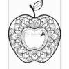A black and white apple coloring page featuring intricate mandala designs around the apple shape.