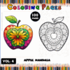 Colorful apple mandala designs alongside a black and white version, promoting the Mandala coloring book from artcoloringpage.com.