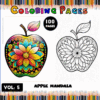 Apple mandala coloring pages showcasing a colorful design alongside a black and white version, from the Mandala coloring book series on artcoloringpage.com.