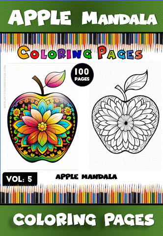 Apple mandala coloring pages showcasing a colorful design alongside a black and white version, from the Mandala coloring book series on artcoloringpage.com.