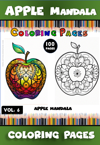 Coloring page featuring an apple mandala design, showcasing vibrant colors alongside a black-and-white version for coloring, from artcoloringpage.com.