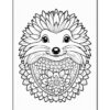 A cute hedgehog with a smiling face surrounded by decorative flowers and mandalas.