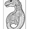 A detailed black-and-white coloring page of a dinosaur surrounded by floral patterns, featuring intricate line designs throughout.