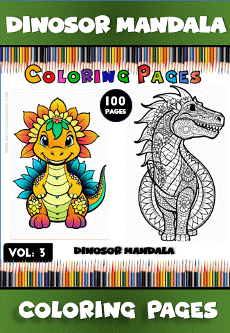 Two dinosaur-themed mandala coloring pages are featured, showcasing a colorful dragon-like creature and an intricately designed texture illustration.