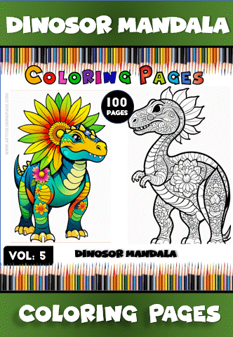 Dinosaur mandala coloring pages featuring colorful designs, part of a Mandala coloring book with 100 pages from artcoloringpage.com.