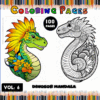 Coloring page featuring a vibrant dinosaur mandala illustration alongside a black-and-white version, promoting a Mandala coloring book with 100 pages.