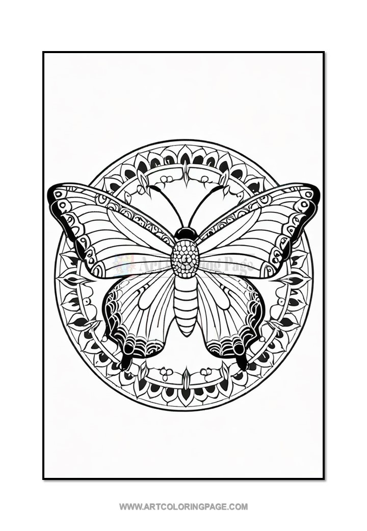 A detailed black and white coloring page featuring a butterfly with intricate patterns surrounded by a circular decorative border.