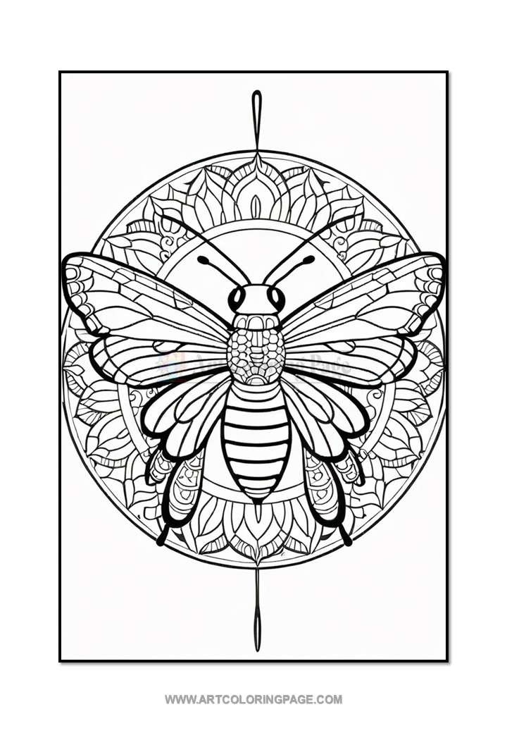 A detailed coloring page featuring a large bee surrounded by intricate mandala patterns.