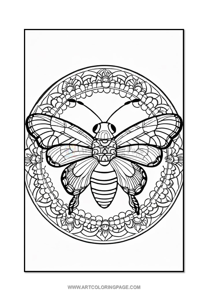 A detailed black and white coloring page featuring a decorative butterfly surrounded by floral patterns.
