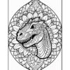 Detailed black and white mandala-style illustration of a dragon's head surrounded by floral patterns.