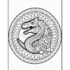 A detailed black and white mandala featuring a dragon wrapped around flowers and surrounded by a circular floral pattern.