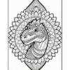 A detailed black and white illustration of a dragon's head surrounded by decorative floral patterns.