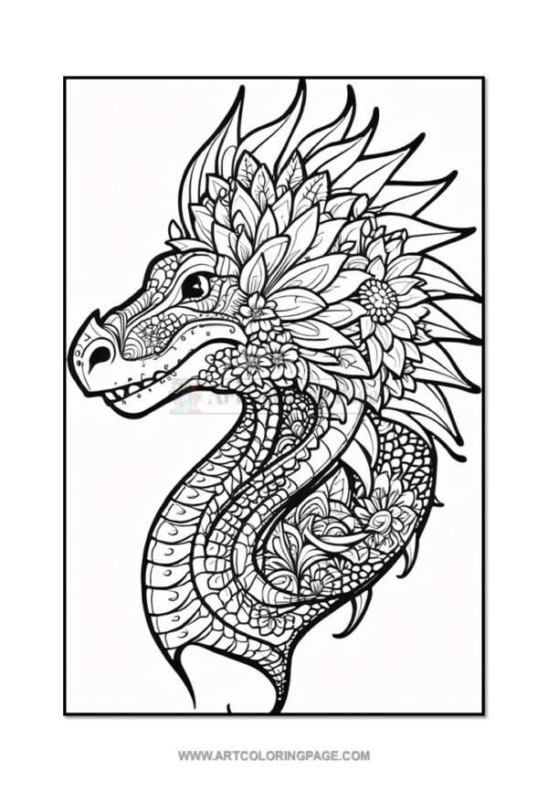 A detailed illustration of a dragon adorned with various floral patterns, showcasing intricate line work for coloring.