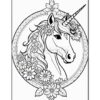 A detailed line art illustration of a unicorn surrounded by flowers in a circular frame.