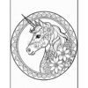 A black and white coloring page featuring a unicorn's head surrounded by flowers and a circular decorative border.