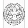 A detailed line art illustration of a woman surrounded by intricate floral patterns, suitable for coloring.
