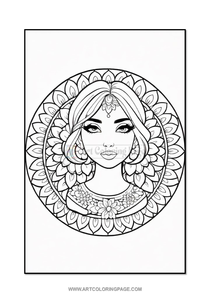 A detailed line art illustration of a woman surrounded by intricate floral patterns, suitable for coloring.